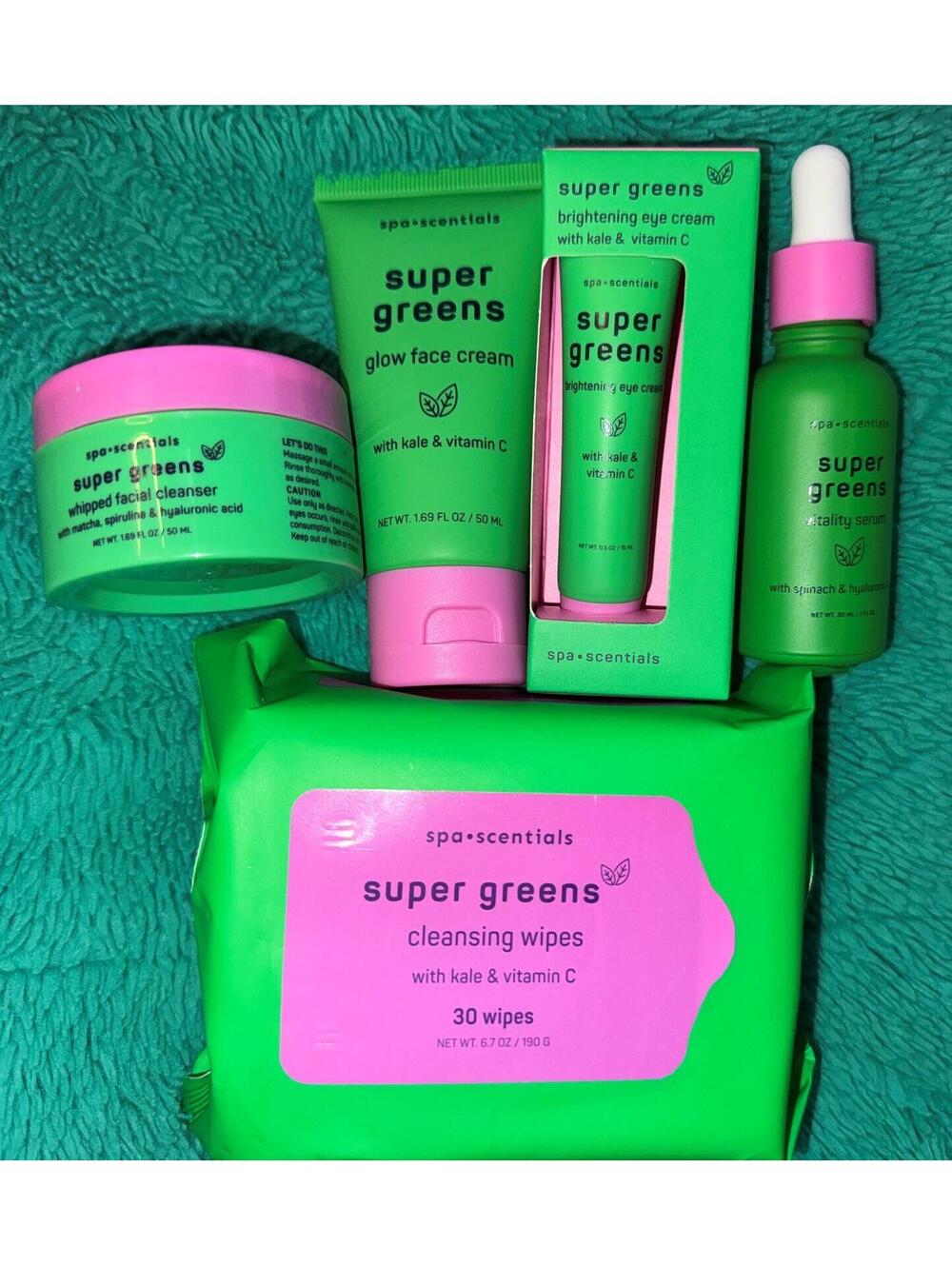 NEW spa•scentials 5 pc Super Greens Skin Care Set w/ Kale + Vitamin C Creams +